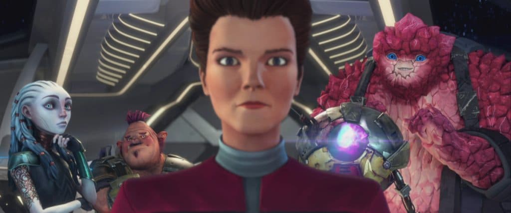STAR TREK: PRODIGY: Ep#107 -- Ella Purnell as Gwyn, Jason Mantzoukas as Jankom Pog, Kate Mulgrew as Janeway, Angus Imrie as Zero and Rylee Alazraqui as Rok-Tahk in STAR TREK: PRODIGY streaming on Paramount+ Photo: Nickelodeon/Paramount+ ©2022VIACOM INTERNATIONAL. All Rights Reserved.