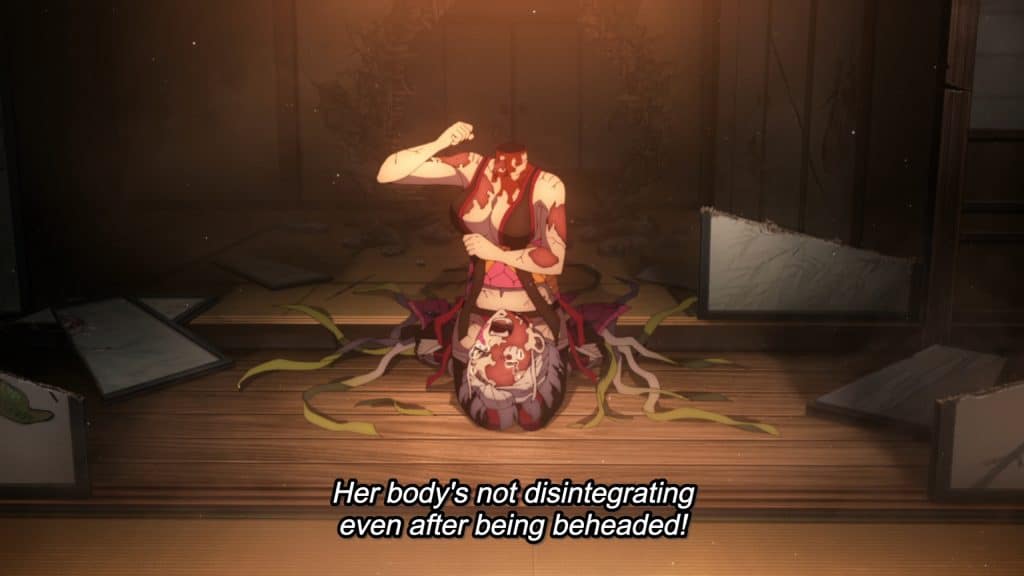 Demon Slayer: Entertainment District Arc Ep. 7 "Transformation" screenshot featuring a decapitated Daki throwing a tantrum.